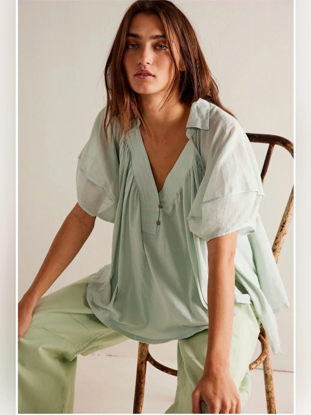 NWOT Free People Light Green V-Neck Puff Sleeve Women's Top S